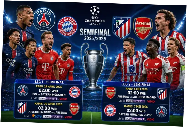 Jadwal Semifinal Liga Champions Atletico Madrid vs Arsenal Kamis 30 April 2026