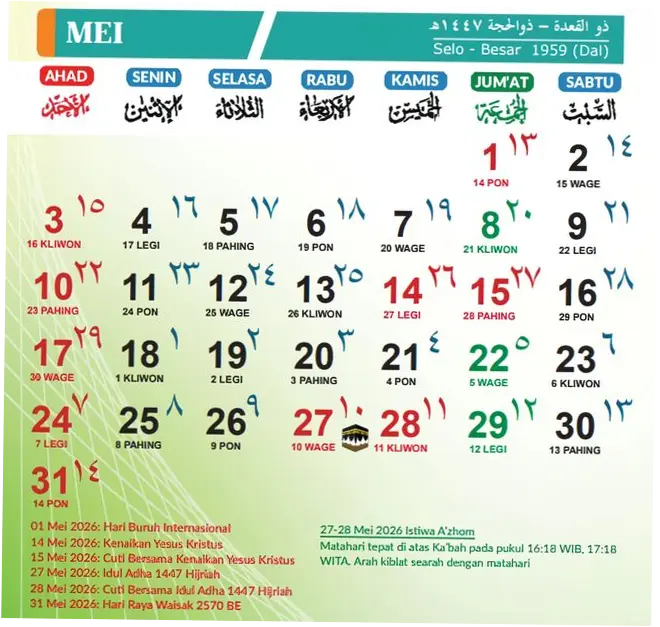 Kalender Jawa Mei 2026: Informasi Lengkap tentang Tanggal Merah, Hijriah, dan Weton Jawa