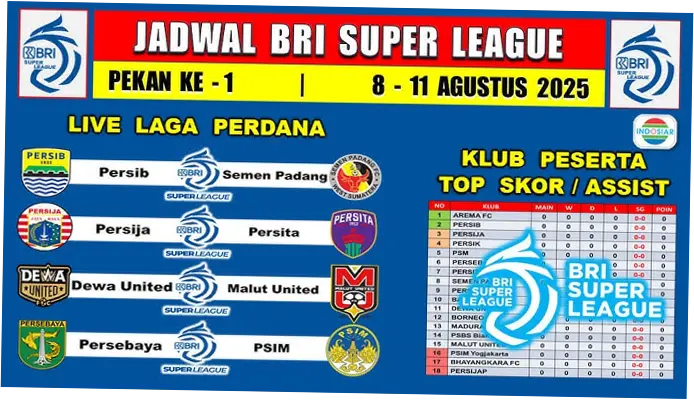 Live Indosiar: Jadwal BRI Super League dan Pertandingan Olahraga Lainnya